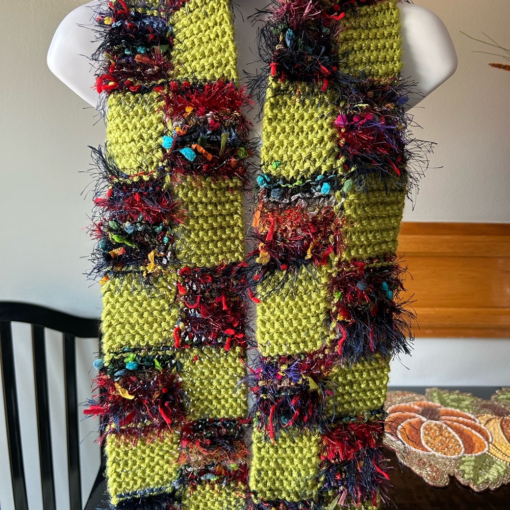 Colorful Knit Scarf with Fringe Accents